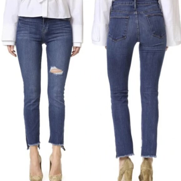 FRAME Le High Straight Distressed Blue Denim Raw Hem Ankle Jeans Sz 27 - Picture 1 of 16